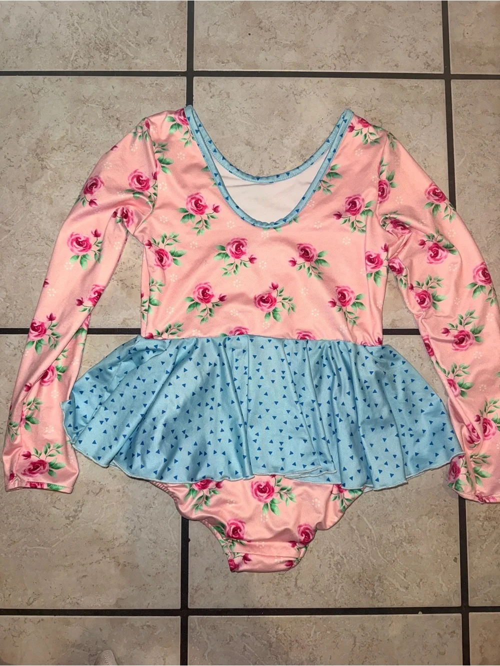 Pink Floral Long-Sleeve Dance Leotard with Light Blue Peplum Skirt